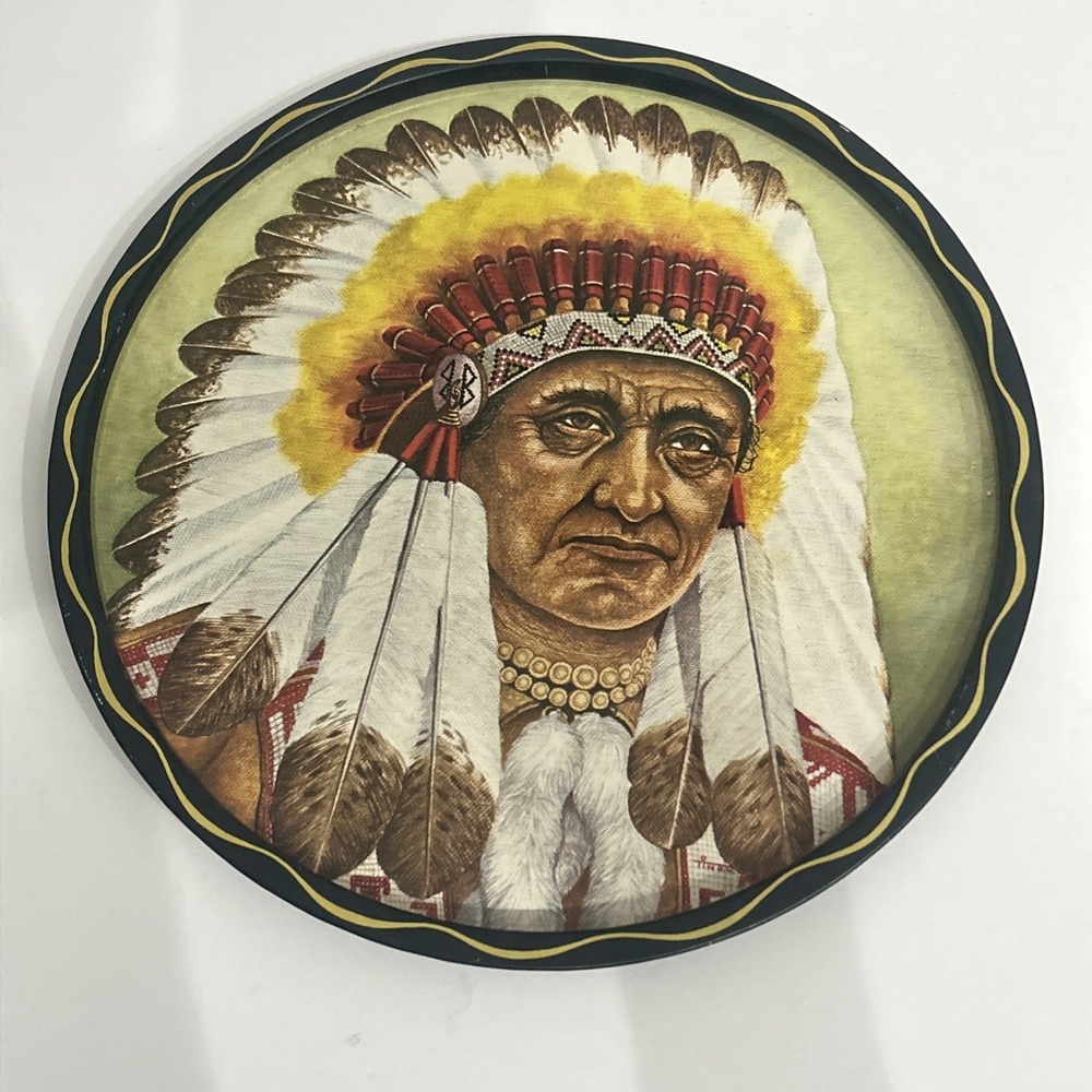 Vintage Unbranded Sitting Bull Native American Indian Chief Metal Serving Tray